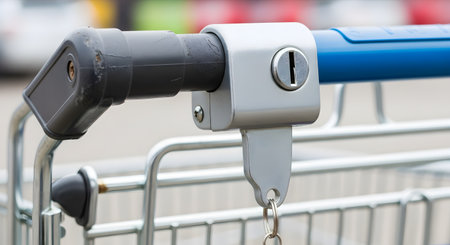 A close-up of a shopping cart handle, showing the coin-operated lock mechanism. The metal lock requires a coin to release the cart from a line, and a small chain dangles below it. The handle is blue, and the cart is made of metal.の素材