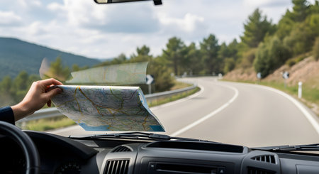 View from the driver's seat of a vehicle, showing a hand holding a folded paper road map. The car is driving on a winding two-lane road through a green, hilly landscape with trees. This image conveys concepts of travel, road trip, navigation, adventure, and getting lost.の素材