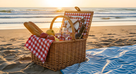 A romantic picnic setting on a sandy beach at sunset. A wicker basket is filled with bread, apples, and a bottle of wine, sitting next to a blue and white striped blanket, with the ocean waves in the background.の素材