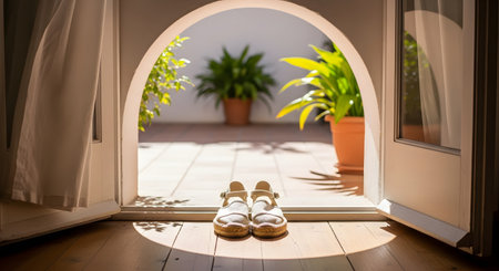 A pair of casual shoes sits on the wooden floor just inside an open, arched doorway, which leads to a sunlit patio with potted plants. The image evokes a sense of home, arrival, relaxation, and welcoming tranquility.の素材