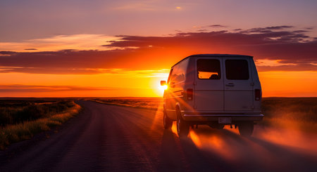 A white van drives on a dusty dirt road, heading towards a vibrant and dramatic orange sunset. The sun is on the horizon, casting a warm glow over the open landscape, evoking feelings of a road trip, adventure, and freedom.の素材