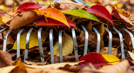 A close-up view of a metal leaf rake gathering a pile of vibrant, colorful autumn leaves. The image captures the essence of fall yard work, the changing seasons, and the rich textures of red, yellow, and brown foliage.の素材