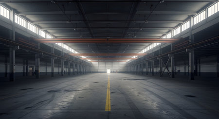 A wide, symmetrical shot of a vast, empty industrial warehouse interior with a concrete floor and overhead cranes. The light from high windows creates a dramatic, moody, and spacious atmosphere, suitable for themes of industry, storage, or large-scale production.の素材