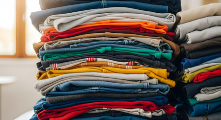 A large and neatly folded pile of various clean clothes, including colorful t-shirts and denim jeans. The stack represents laundry day, closet organization, clothing donation, or the concept of fast fashion.の素材