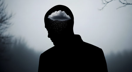 A silhouette of a person's head against a foggy, melancholic background contains a small, dark cloud raining internally. This powerful conceptual image represents depression, sadness, mental health struggles, and negative thoughts.の素材