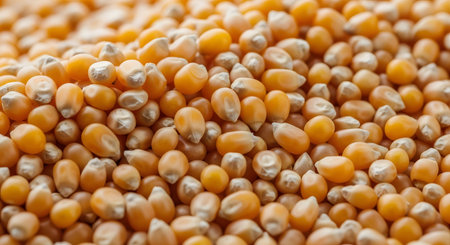 A close-up, macro photograph of a pile of uncooked yellow popcorn kernels. The frame is filled with the hard, golden grains, creating a textured food background.の素材