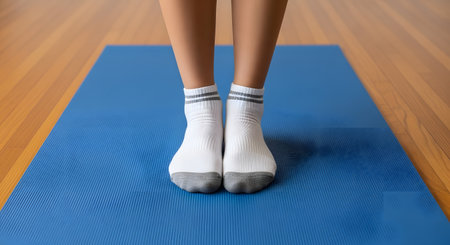 A person's feet, wearing clean white and grey athletic socks, are standing on a blue yoga mat placed on a wooden floor. The image represents concepts like home fitness, exercise, yoga, wellness, and preparing for a workout.の素材