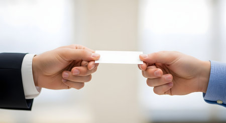 A close-up of two hands in business attire exchanging a blank white business card. This classic interaction represents networking, partnership, communication, making a deal, and professional introduction.の素材