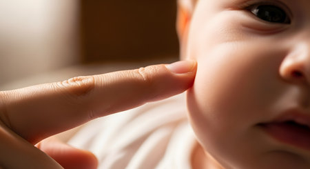 An extreme close-up macro shot of an adult's finger gently touching the soft, smooth cheek of a baby. The baby's eye is partially visible, and the light is soft and warm. This image evokes tenderness, love, new life, and parental care.の素材