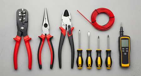 A flat lay composition of professional electrician tools neatly arranged on a gray background. The set includes pliers, screwdrivers, a wire stripper, electrical wire, and a voltage tester, representing repair, maintenance, and electrical work.の素材