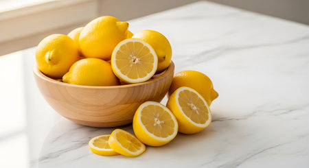 A wooden bowl filled with bright yellow lemons sits on a white marble countertop, illuminated by natural light from a window. Some lemons are whole, while others are cut in half or sliced, showcasing their fresh, juicy interior.の素材