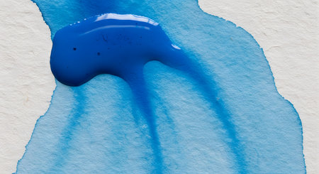 A macro, top-down shot of vibrant blue watercolor paint bleeding and spreading on textured, white watercolor paper. A glossy pool of wet paint is visible, with pigment soaking into the paper's fibers. This creates an abstract background.の素材