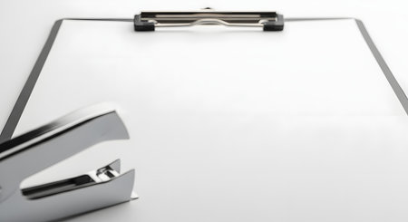 A clipboard with a clean sheet of white paper and a metal stapler on a white background, with shallow depth of field. This minimalist setup is ideal for mockups, representing office work, documentation, and business forms.の素材