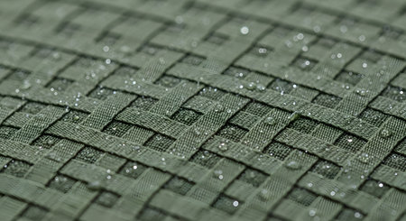 A close-up, macro photograph of a durable, green, woven fabric with a basketweave pattern. Small droplets of water are beading on the surface, demonstrating its waterproof or water-resistant (hydrophobic) properties.の素材