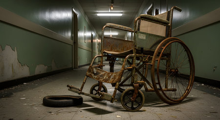 A rusty, broken wheelchair sits abandoned in the middle of a long, dark, and decaying hallway of a derelict hospital or asylum. The peeling paint, debris on the floor, and eerie lighting create a creepy and unsettling atmosphere. The scene evokes feelings of loneliness, horror, and forgotten times.の素材