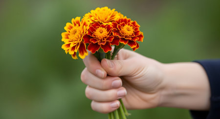 A person's hand holds out a small, simple bouquet of freshly picked red and yellow marigold flowers. The background is a soft, out-of-focus green garden, evoking a sense of giving, kindness, or a gift.の素材