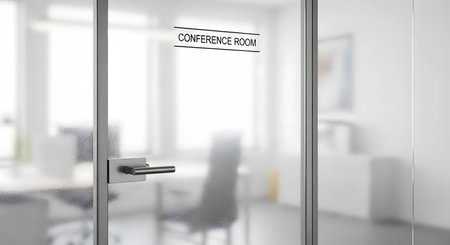 The frosted glass door of a modern office, with a sign that reads 'CONFERENCE ROOM'. Through the semi-transparent glass, the blurred interior of the meeting space with chairs and a table is visible, symbolizing corporate business and privacy.の素材