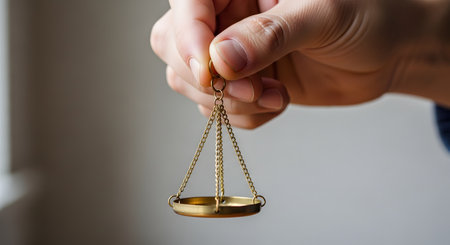 A person's hand holds a tiny, miniature set of brass scales of justice between their thumb and forefinger. This image is a powerful metaphor for law, justice, balance, equality, and making a fair decision.の素材