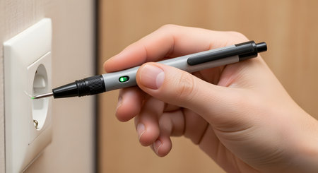 An electrician's hand holds a pen-style voltage tester and inserts the tip into a white electrical wall socket. A green light on the tester is lit, indicating that the outlet is live and has power.の素材