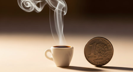 A whimsical photo of a steaming, miniature cup of coffee, so small it is comparable in size to a coin placed beside it. The conceptual image plays with scale and can represent ideas like a small break, a micro-dose of caffeine, or the value of small pleasures.の素材