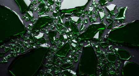 An overhead shot of a shattered green glass bottle on a dark, textured surface. Large and small sharp shards are scattered, creating an abstract pattern. The image conveys concepts of danger, accidents, breaking, or recycling.の素材