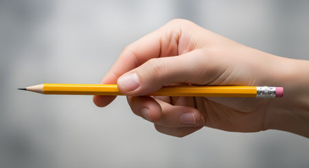 A person's hand holds a classic, sharp yellow pencil horizontally against a blurred, neutral background. This image symbolizes writing, drawing, education, creativity, and the process of generating ideas.の素材