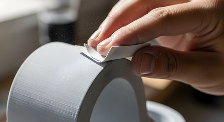 A close-up of a hand using a small piece of sandpaper to smooth the surface of a gray, 3D-printed object. This process, known as finishing or post-processing, is a crucial step in creating a high-quality final product from additive manufacturing.の素材