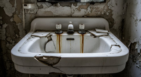 A dirty, cracked, and broken white porcelain sink in a derelict bathroom. The faucets are rusted, rust stains run down the basin, and the surrounding walls have severely peeling paint, evoking a sense of decay and abandonment.の素材