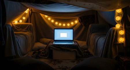 A laptop with an illuminated screen is set up inside a cozy homemade blanket fort, decorated with warm string lights. The scene creates a magical and comfortable atmosphere for a movie night, sleepover, or staycation.の素材