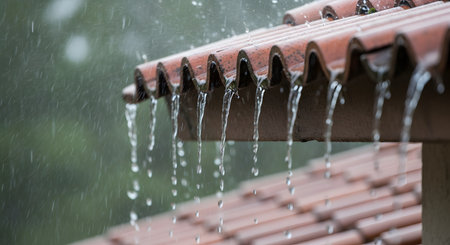 Heavy rain falls during a storm, with water streaming and dripping from the edge of a red clay tile roof. The background is blurred with the downpour, creating a moody and wet atmosphere.の素材