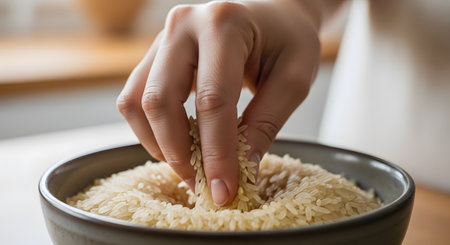 A close-up of a person's hand taking a pinch of raw white rice from a gray ceramic bowl. The fingers are sifted through the grains. The background is a blurred kitchen, suggesting cooking or preparation.の素材
