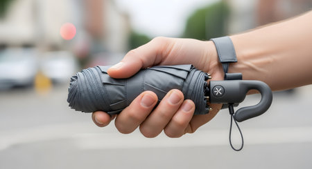 A person's hand holds a small, folded, compact gray umbrella against a blurred city street background. The image represents preparedness, rain, weather protection, and travel accessories.の素材