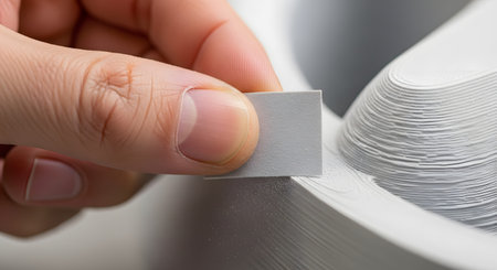 A close-up of a hand using a small piece of sandpaper to smooth the surface of a 3D-printed object. The object is white or light grey and has visible print layers or striations that are being removed.の素材