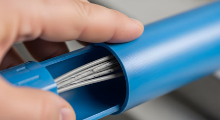A close-up of a person's hand opening a blue plastic conduit or tube. Inside, several steel cables or wires are visible, illustrating electrical work, construction, or installation.の素材