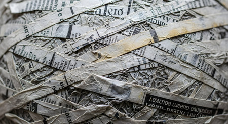 A macro close-up of a ball or sphere tightly wrapped in strips of old, yellowed newspaper. The strips are layered and textured, showing fragments of text and creating an abstract, recycled art object.の素材