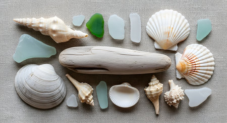 A flat lay arrangement of beach treasures on a textured beige fabric background. The collection includes various seashells, smooth driftwood, and pieces of sea glass in green, aqua, and white.の素材