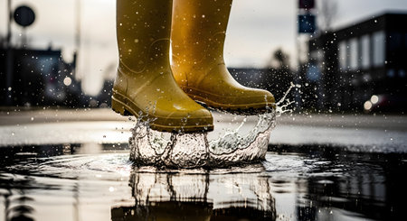A low-angle, close-up shot of a person wearing yellow rubber boots splashing in a large puddle on a city street. The water creates a dynamic splash, and the streetlights are reflected in the puddle.の素材