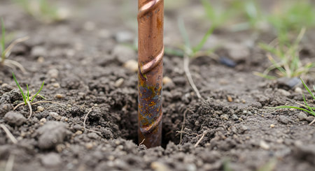 A copper grounding rod, or earth electrode, is driven deep into the soil. This essential electrical safety component protects buildings and equipment from power surges and lightning strikes by safely dissipating electricity into the ground.の素材