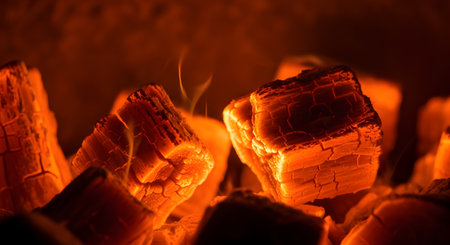 A close-up macro shot of glowing orange and red hot charcoal briquettes in a barbecue grill or fire pit. The intense heat is visible in the cracked texture and flickering flames, creating a warm and fiery background.の素材