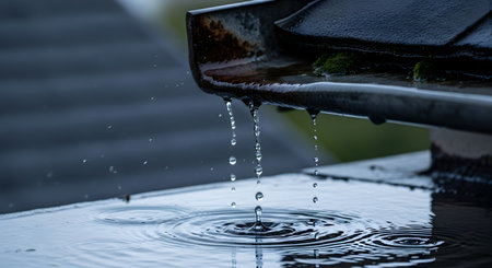 Close-up of raindrops dripping from an old, mossy roof gutter onto a wet surface, creating ripples in a puddle. The scene is dark and moody, capturing a rainy day.の素材