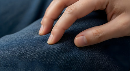 A close-up macro shot of a person's hand resting gently on the textured surface of blue denim jeans. The image highlights the detail of the fabric and can represent comfort, casual style, or a moment of thought or anxiety.の素材