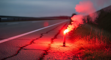 A burning red emergency flare stands on the cracked asphalt shoulder of a highway or road at dusk. It emits a bright red light and a thick plume of red smoke, serving as a warning or distress signal.の素材