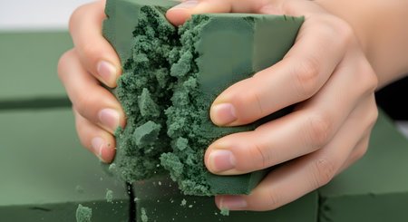 Two hands are shown breaking apart a block of green floral foam, causing it to crumble and release small particles. This material is used by florists for flower arrangements, and the image can represent creativity, deconstruction, or a satisfying sensory experience.の素材
