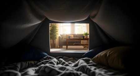 A cozy perspective from inside a dark blanket and pillow fort, looking out through a small opening into a sunlit, comfortable living room. The scene evokes a strong sense of childhood nostalgia, imagination, play, and the feeling of a safe, secret hideaway. It represents comfort, home, and creativity.の素材