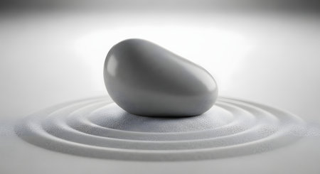 A smooth, grey stone rests in the center of a black and white zen garden. Concentric circles are raked into the fine sand around the stone, symbolizing peace, meditation, and minimalism.の素材
