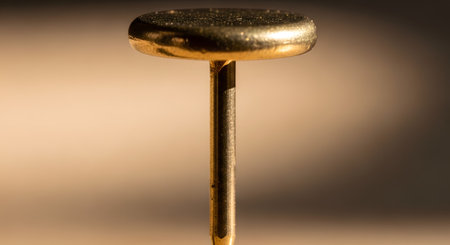 An extreme macro close-up of the round, flat head of a golden or brass thumbtack (drawing pin). The metallic, reflective surface is in sharp focus, set against a soft, blurred background.の素材