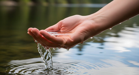 A person's cupped hand gently scoops crystal clear water from the surface of a calm lake or river, with droplets falling and creating ripples. The scene evokes a sense of purity, connection with nature, sustainability, and life's essential resources. It represents environmental conservation and freshness.の素材