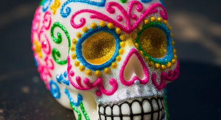 A vibrant close-up of a traditional sugar skull (calavera) decorated with colorful, sparkling glitter for the Day of the Dead (Dia de los Muertos) celebration. The intricate patterns in pink, blue, and yellow on the white skull represent a festive Mexican cultural tradition.の素材
