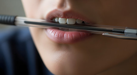 An extreme close-up of a woman's mouth, showing her biting or holding a clear plastic pen between her teeth. The focus is on her lips and white teeth, suggesting thought, concentration, or stress.の素材