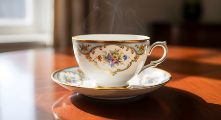 A steaming hot beverage fills an elegant, antique porcelain teacup with a matching saucer, placed on a wooden table in the sunlight. The cup is decorated with a delicate floral pattern and gold trim, evoking a sense of tradition, comfort, and high tea.の素材